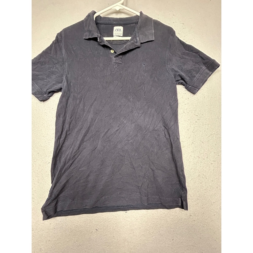 ZARA Polo Shirt 100% Cotton Navy Blue Size Small Mens